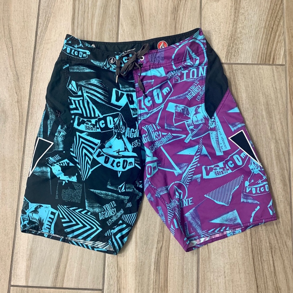 Volcom swim trunks with colorful graphics & logos